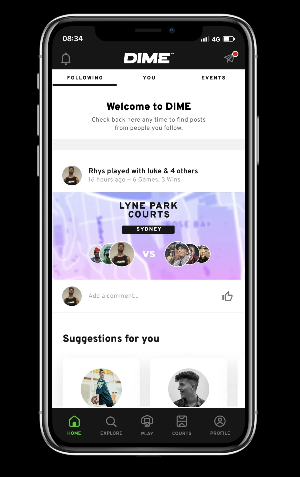 Activity feed — black-and-white foundation, vivid green accents