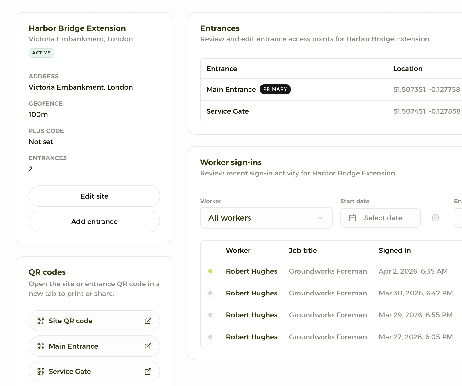 Site view — attendance, compliance and context in one place
